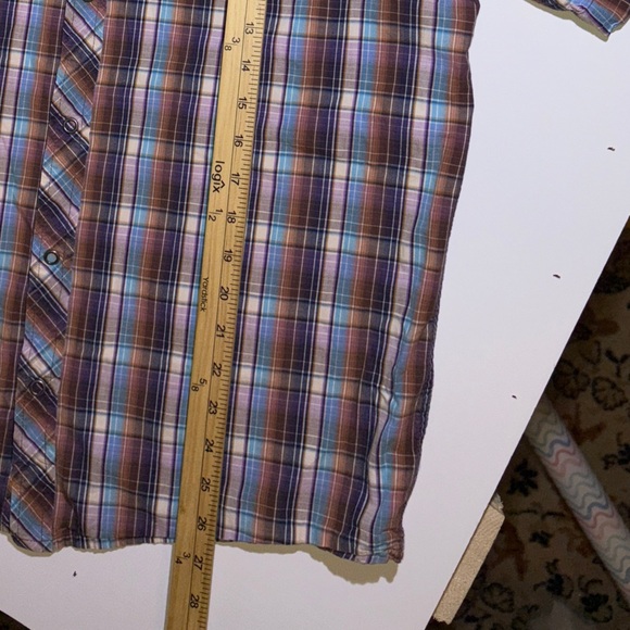 PrAna Snap Button Down Short Sleeve Shirt Madras Brown Blue Plaid Men’s Medium - Picture 4 of 9